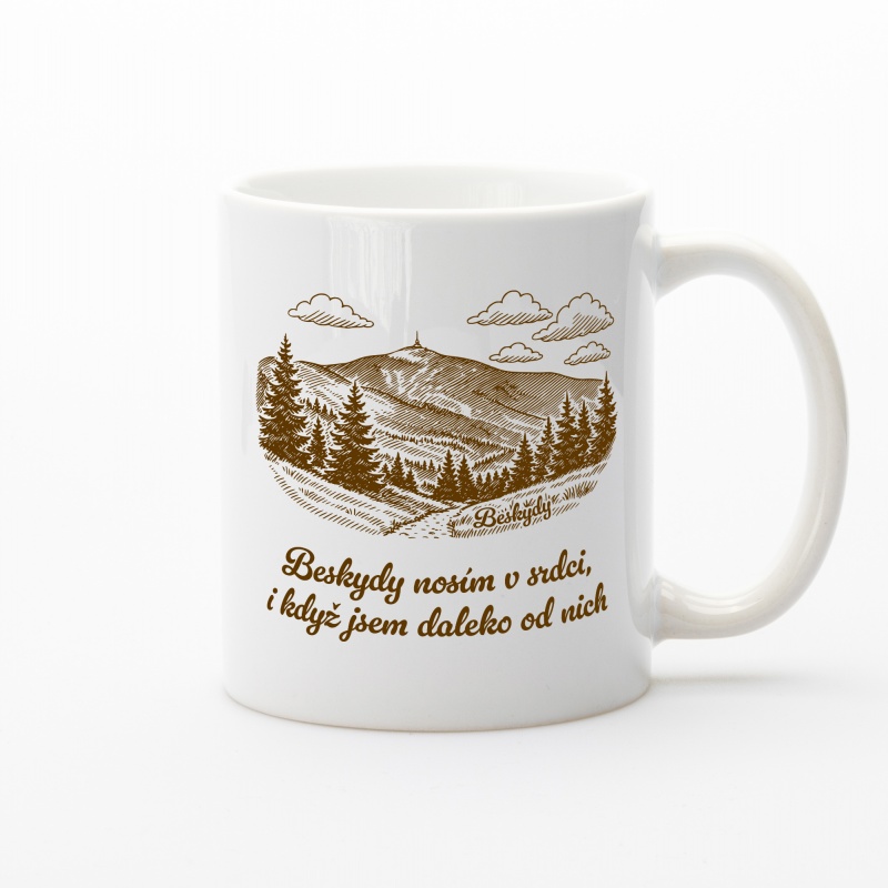 Keramický hrnek Beskydy – srdce hor na bílém hrnku | Beeskyd