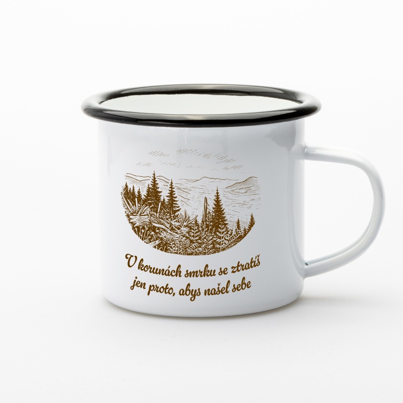 Plecháček Smrk v korunách – smaltovaný hrnek s ilustrací Beskyd | Beeskyd