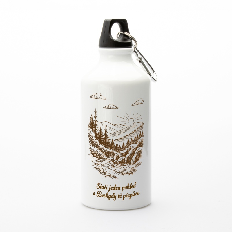 Sportovní láhev Beskydy s pohledem do dáli – horská ilustrace | Beeskyd