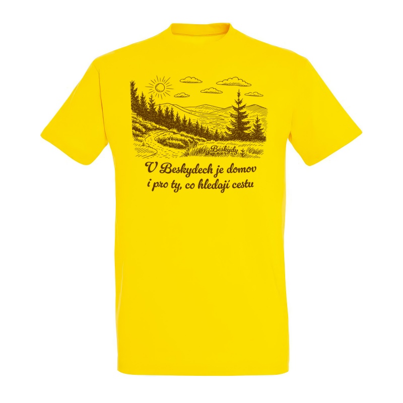 Žluté tričko s beskydskou ilustrací – V Beskydech je domov | Beeskyd