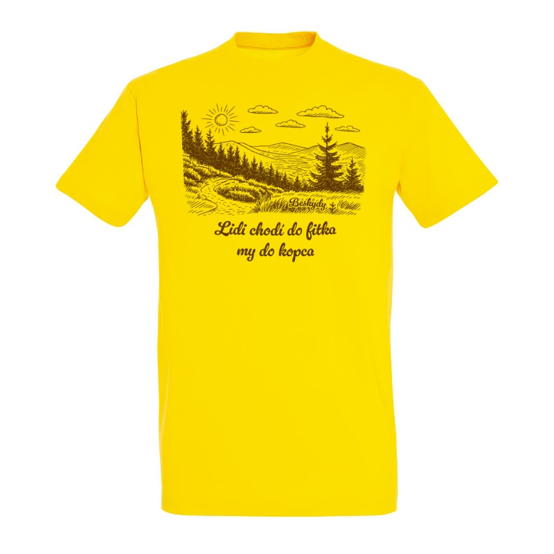 Žluté tričko s beskydskou ilustrací – Lidi chodí do fitka my do kopca | Beeskyd